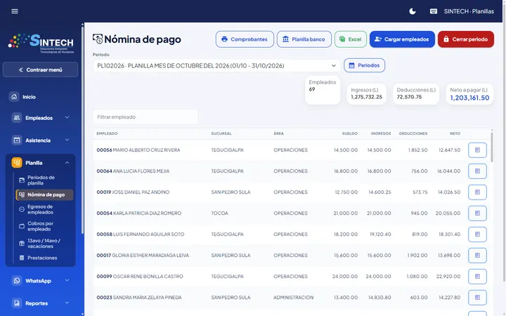 Nómina de pago calculada por periodo con ingresos, deducciones y neto