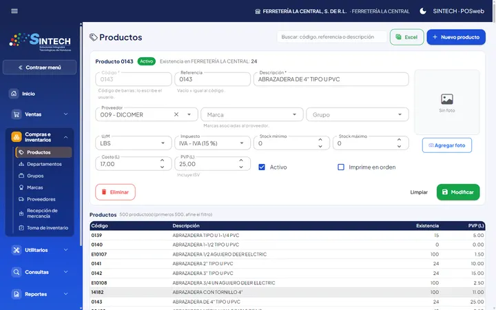 Catálogo de productos del punto de venta